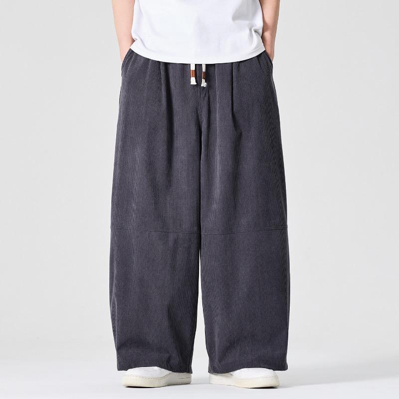 Men's Black Corduroy Wide Leg Pants Drawstring Waist Casual Baggy Trousers