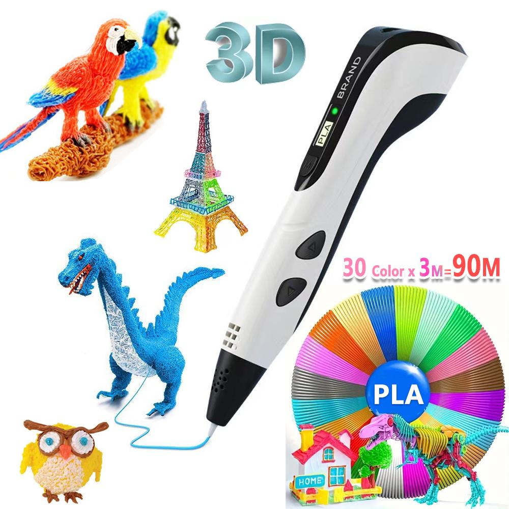 

12/20/30 цветов x 3 м PLA-филамент Детская 3D-ручка Ручка для 3D-рисования и печати с ЖК-экраном для детского образовательного DIY 3D-граффити 30 Colors * 3M белый