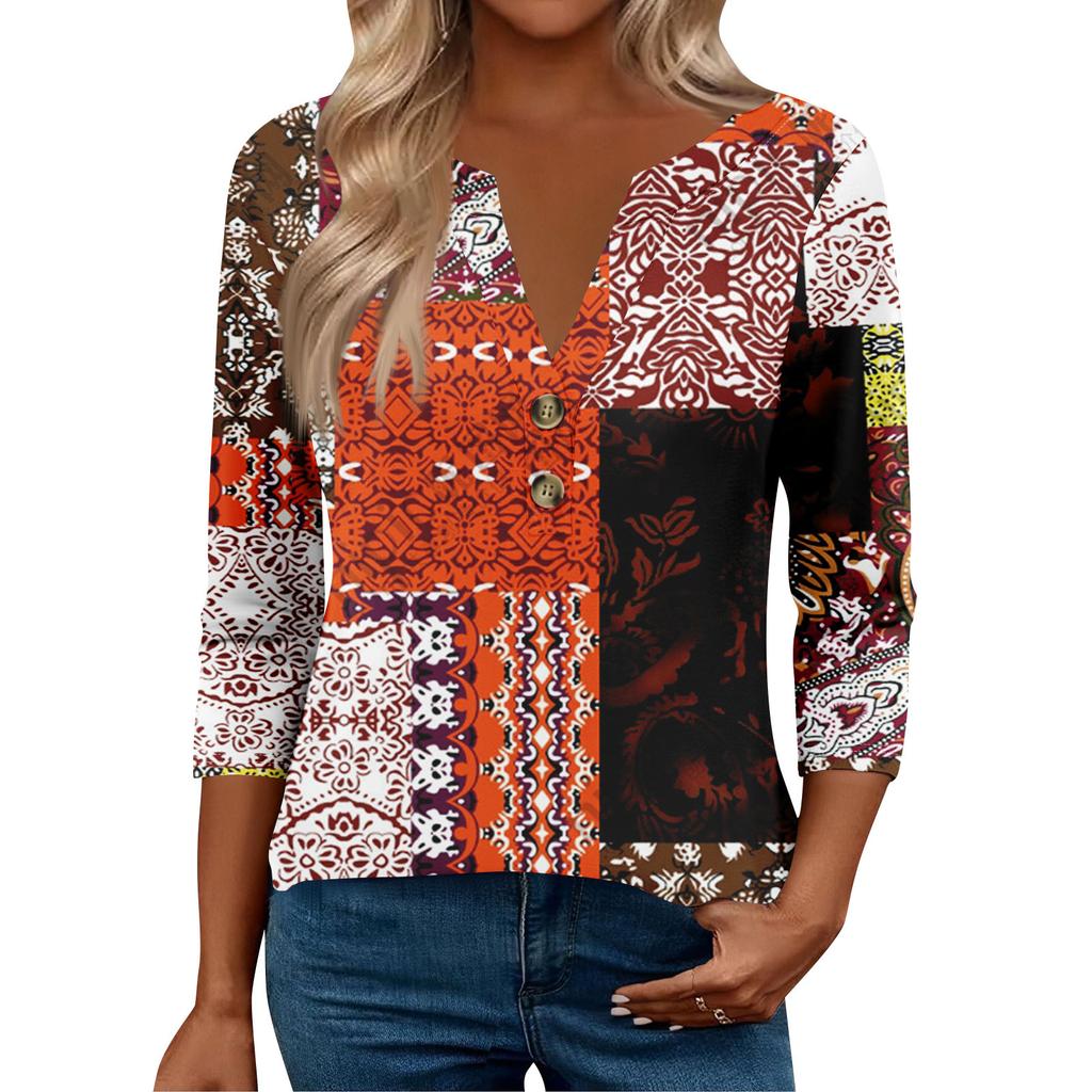 3/4 Sleeve Womens Tops For Women Henely Tops Button V Neck Loose Fit Dressy Womens Summer Tops