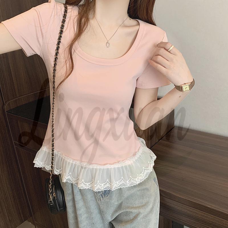 2026 Summer Plus Size Women s Chic U-Neck Lace Trim T-Shirt 4XL
