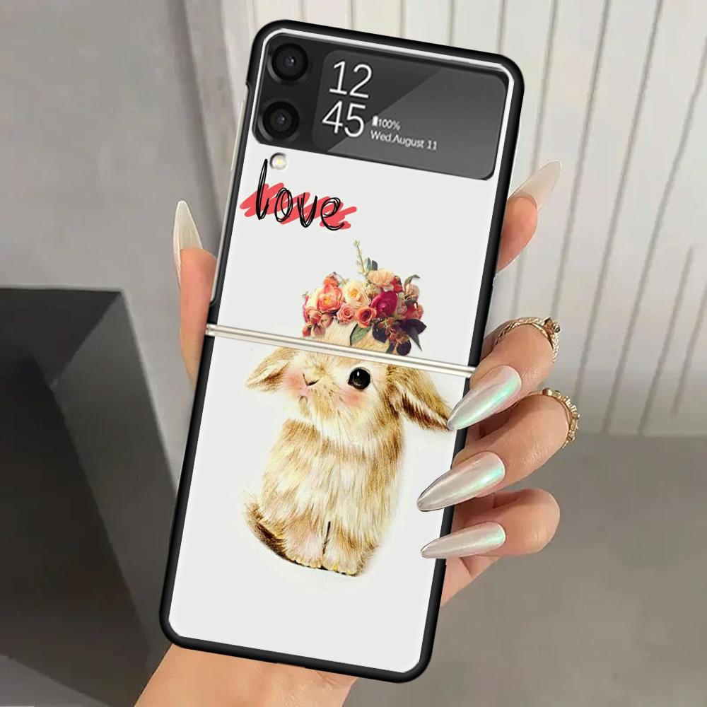 Süßes Kaninchen Baby Kaninchen Harte PC Handyhülle Für Samsung Galaxy Z Flip 6 5 4 3 Schwarze Hülle ZFlip6 Flip5 Flip4 5G Faltbar Druck Ca