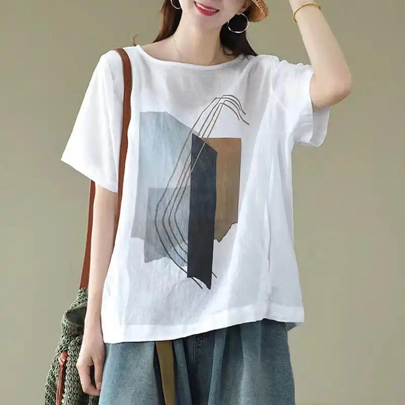 T-Shirt Damen Baumwolle Sommer Lässig Große Größe Locker Rundhals Pullover Kurzärmelige Oberteile