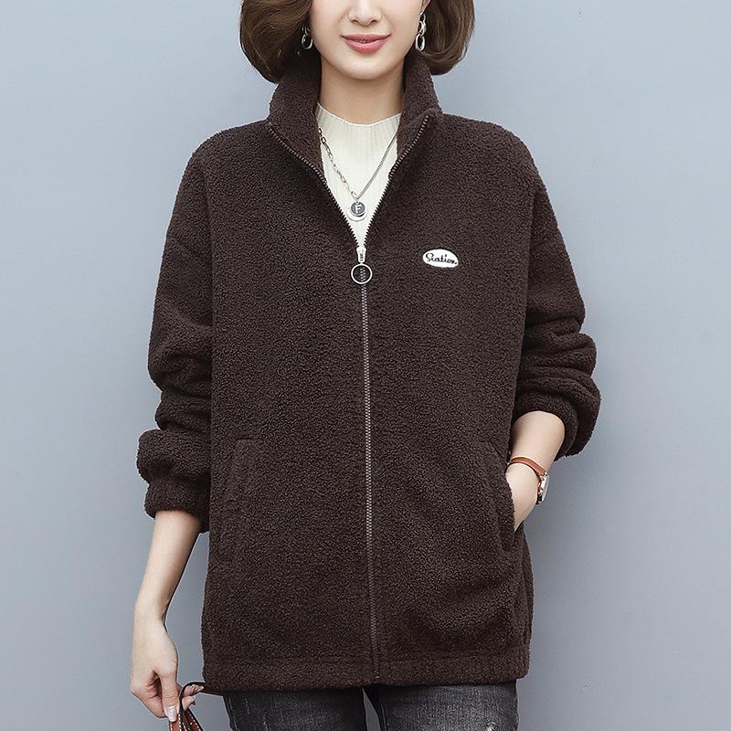 

Женская куртка из искусственной овчины на флисовой подкладке - Осень/Зима 2024 Повседневный утепленный топ для мам среднего возраста M (Recommended for 100-120 jin) кофейный