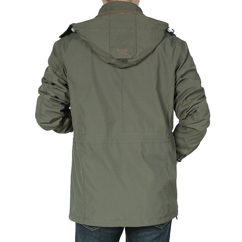 Autumn and Winter Outdoor Medium and Long Jacket Men's Casual Tooling Multi-bag Jacket Medium Green Velvet Thicker