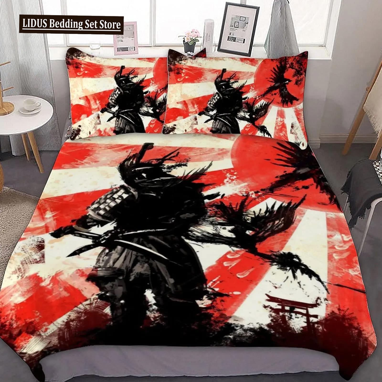 Japanse Zwart Wit Inkt Stijl Samurai Zwaard Rode Sakura 3D Dekbedovertrek Set Queen Size Bushido Cultuur Beddengoed Set Dekbed Set EU single(135x200cm)