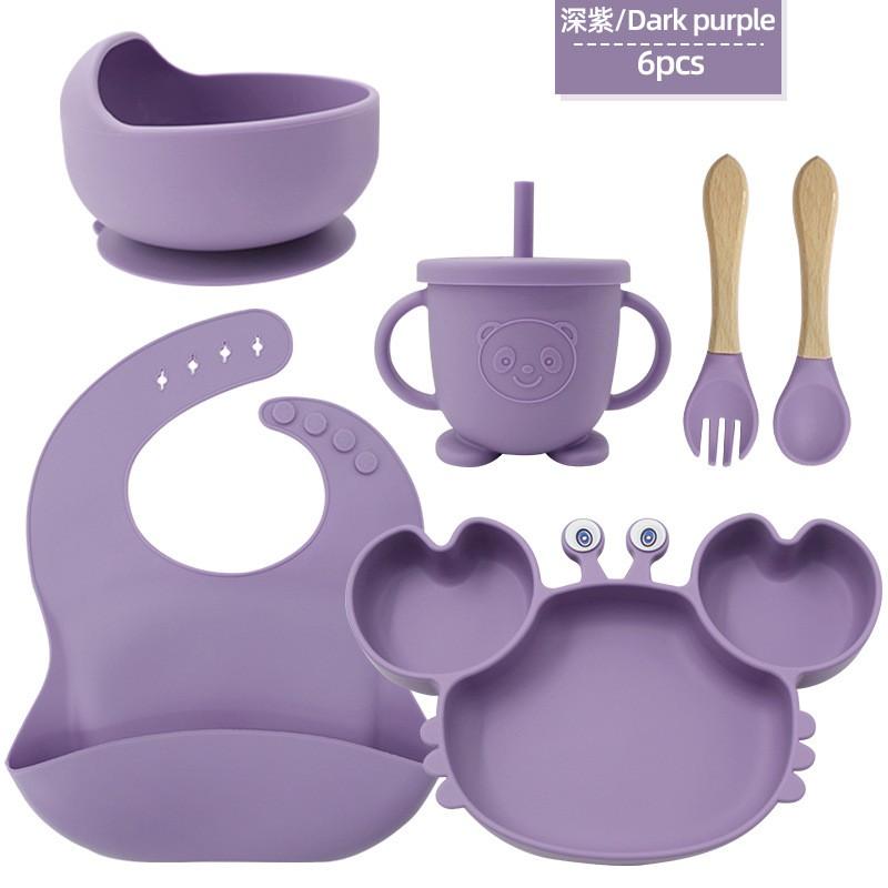 Silicone Dinner Plate Set Baby Children Learning To And Drink Feeding Tableware Baby 6pcs  Crab Compartment Food Bowl