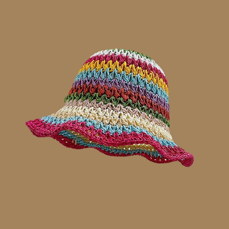 Sommer Regenbogen Gestreifter Eimerhut Damen Häkeln Strand Fischerhut Faltbar Handgefertigt Geflochten Sonnenhut Damen Panama Verkauf