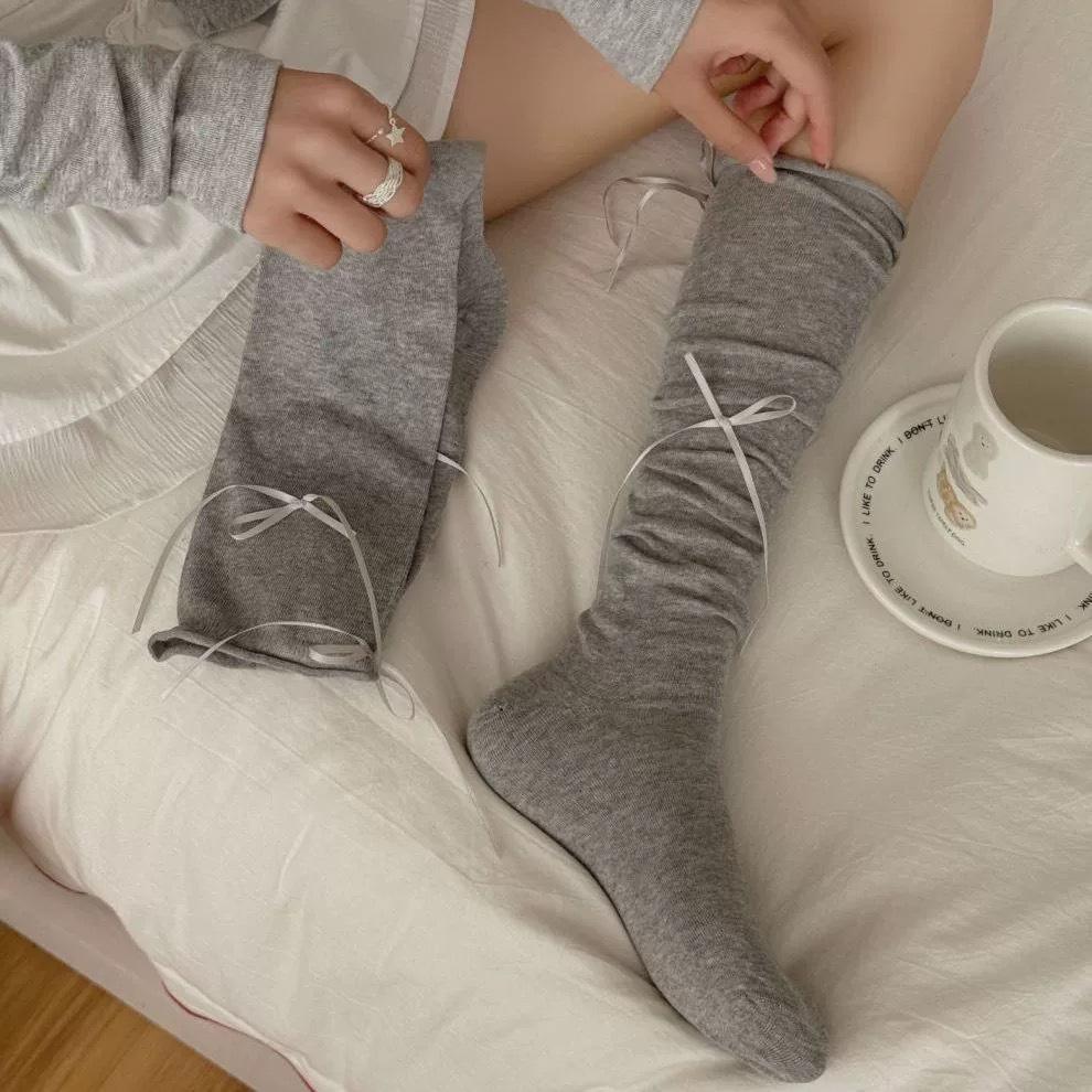Spring/Summer Korean Style Solid Color Calf-Length Bow Knot Ballet Socks - Women's Thin, Breathable Design