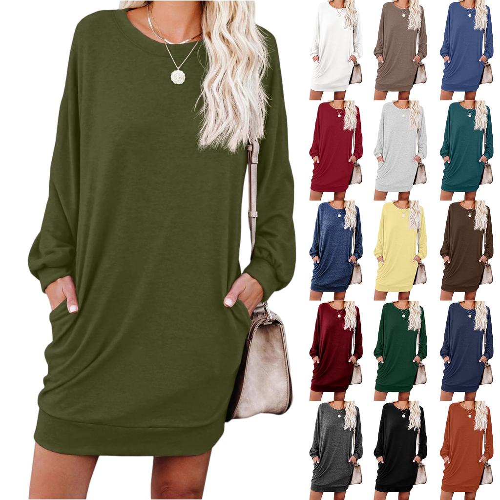 Women's Fashionable Long-sleeved Solid-color Round-neck Pocket Dress
