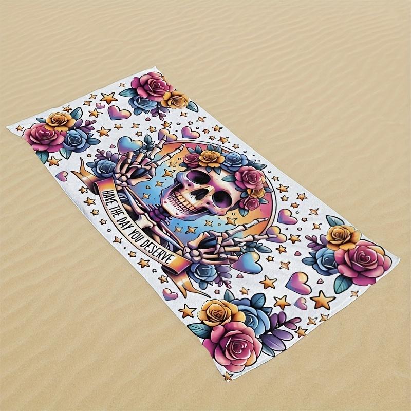 Vintage Tattoo Floral Skull Rose Star Heart Beach Towel Colorful Skeleton Quote Print Quick Dry Large Swim Blanket Gothic Style