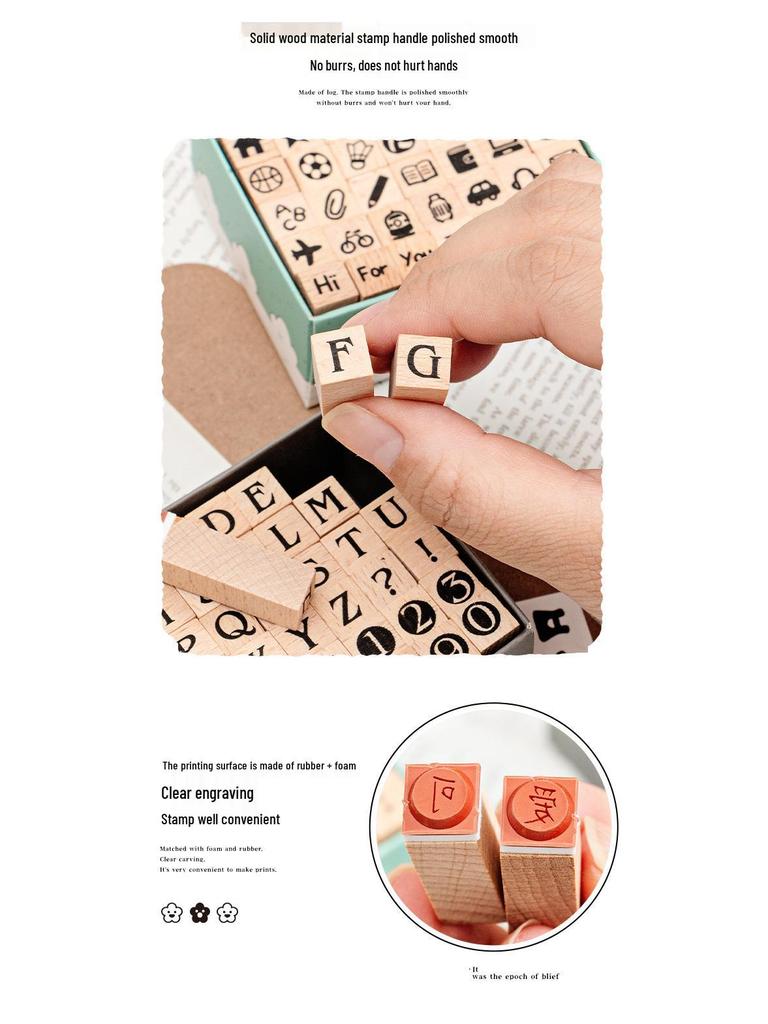 42-Piece Beech Wood Stamp Set: Numbers, Letters, Shapes & Emoticons.