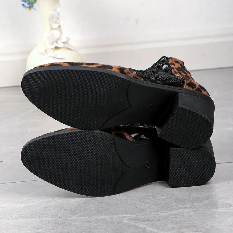 Ladies Shoes 2024 Fashion Sandals Women's Boots Leopard Ankle Boots Women Lace Floral Round Toe Square Heel Back Zip Shoes Women