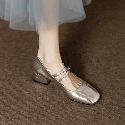 Spring/summer Vintage Everything Silver Mary Jane Shoes Women's Chunky Heel One-line Buckle Shallow Mouth Heel Shoes