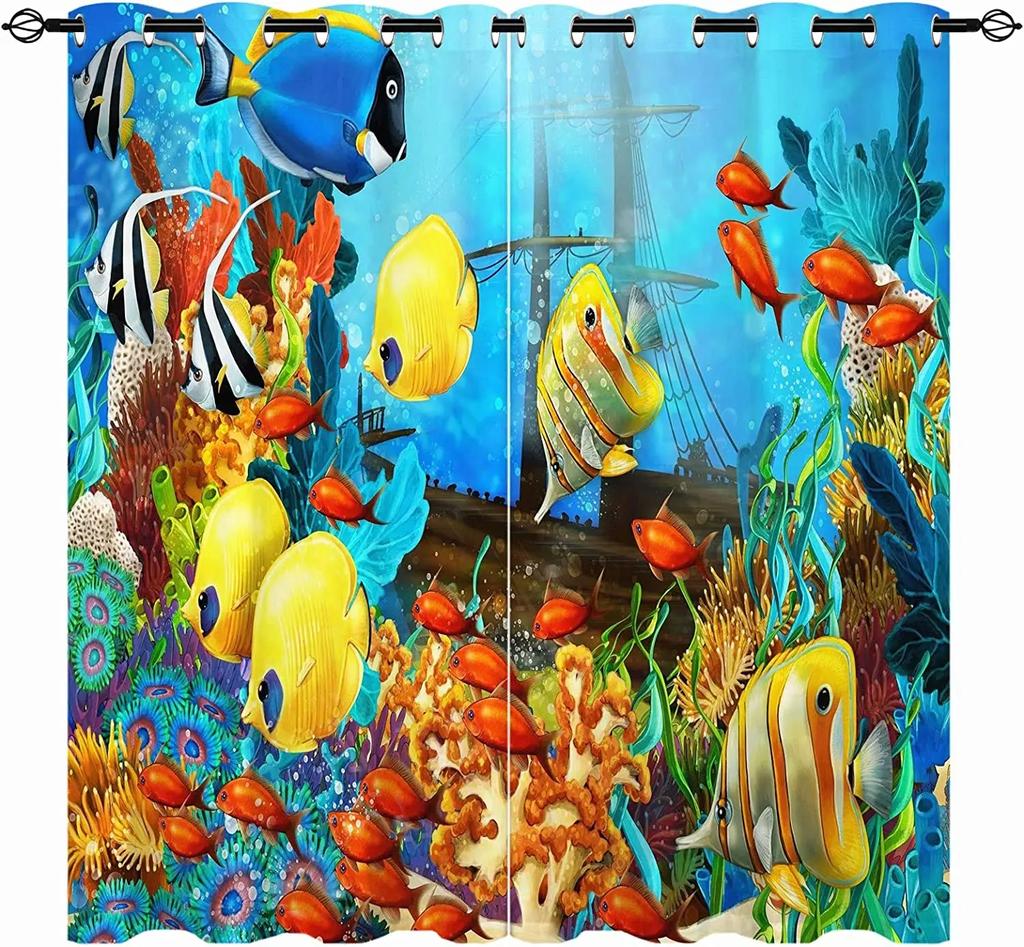 Ocean Animal Landscape Window Curtain, Coral with Nautical Map, Thin, Octopus, Living Room, Bedroom Decor