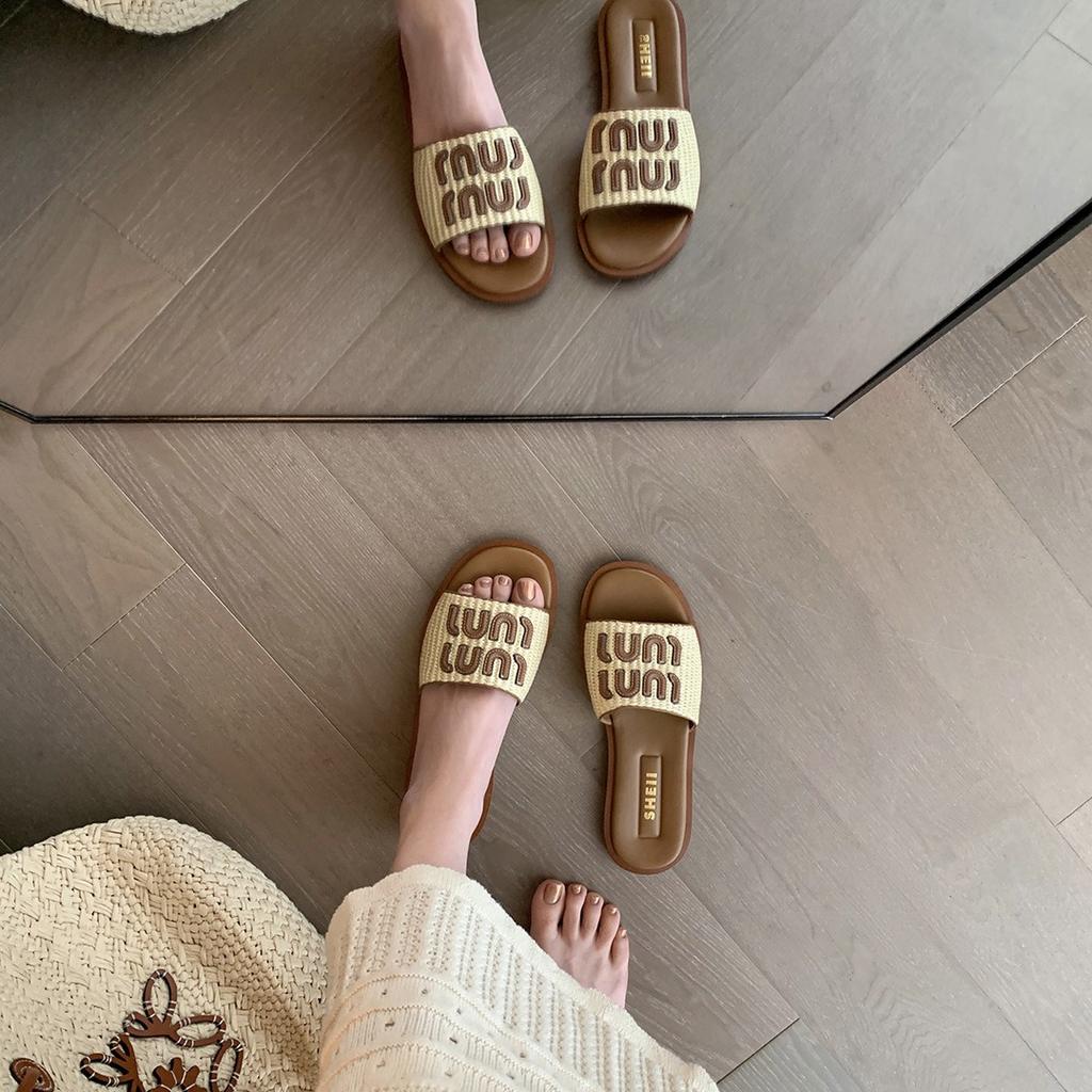 [sheii Su Yinyin] Midsummer evening breeze~ A miu vacation woven flat-bottomed beach slippers women's sandals outside
