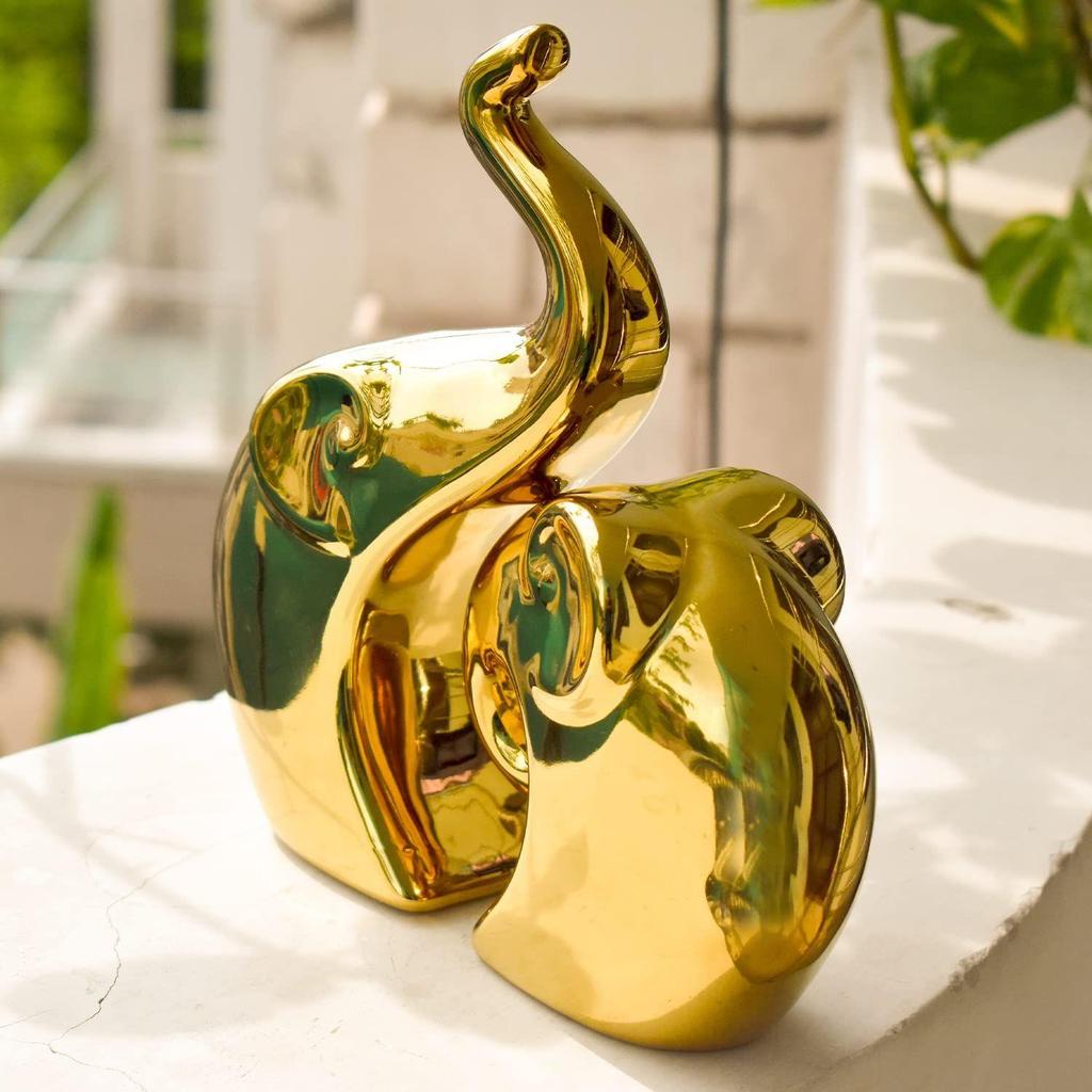 Home Decor Elephant Set | Ceramic Figurines - (Set of 2 Piece, Golden)