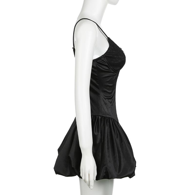 Women's Solid Colour Temperament Slim Lace Splicing V-neck Waist Thin A-line Halter Ballet Skirt