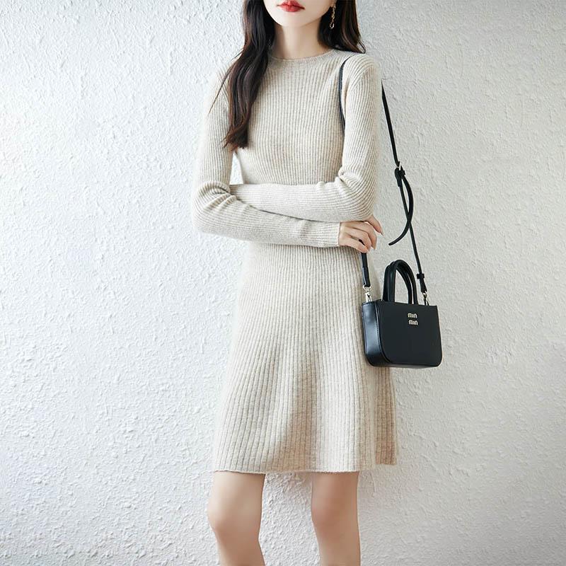 Women Sweater Dress 100% Wool TIDENOVEL O-neck Knit Long Pullover Winter Jumpers Wool Long Dress Female