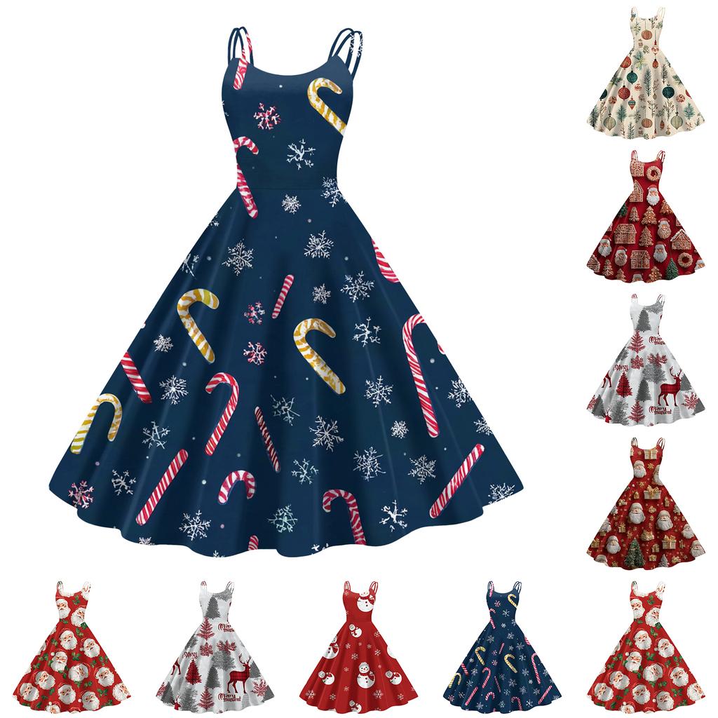 Women's Fashion Casual Christmas Print Sexy Off-the-shoulder Punk Retro Dress