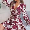 Damen Herbst Winter Temperament Schnüren Druck Farbe Hohe Taille Langarm Plissee Kleid