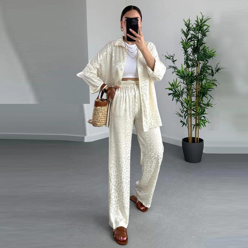 

Европейский и американский комплект из двух предметов для женщин, свободный крой с длинным рукавом, рубашка и брюки с леопардовым принтом на весну и осень, Foreign Trade Wome XL белый