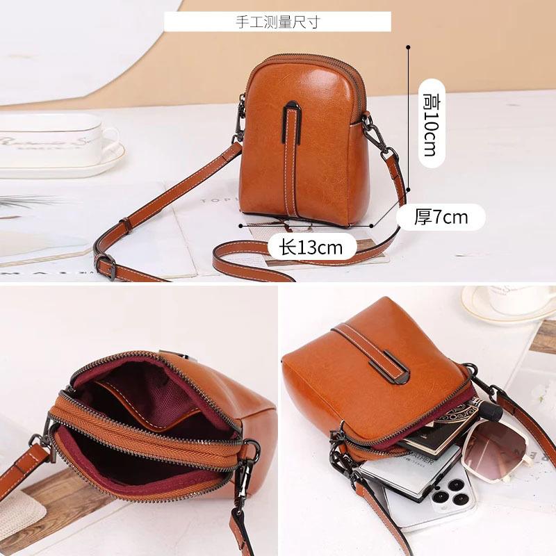 2025 Fall/Winter New Casual Double Zipper Cowhide Single Shoulder Women's Bag Genuine Leather Vertical Crossbody Small Bag Women's Phone Bag