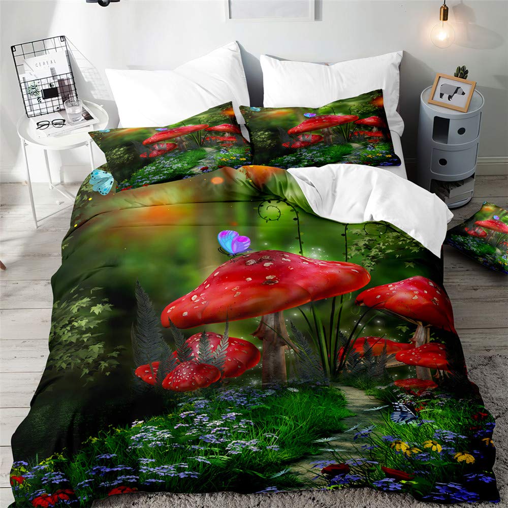 Mushroom Duvet Cover Natural Wild Fungus Bedding Set Enchanted Woodland Fairy Tale Butterfly Floral Botanical Comforter Cover