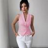 Women Pink White Striped Sleeveless Vest, Lapel Collar Wrap Surplice V Neck Ruched Cinch Waist Slim Fitted Tailored Waistcoat Top
