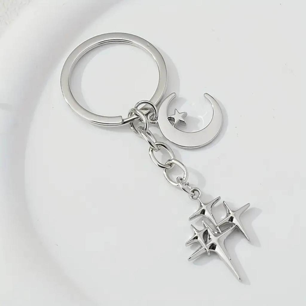 Crescent Moon Four-pointed Star Female Car Keys Chain Rings Bag Pendant for Gift
