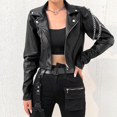 Bunda z umělé kůže Ženy Punk Harajuku Černý kabát Žena Gotický kabát s dlouhým rukávem a řetězy 2020 Jaro