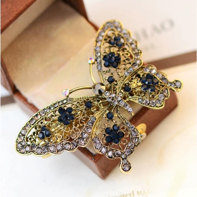 Retro Rhinestone Butterfly Spring Clip - High-End Korean Alloy Hair Accessory