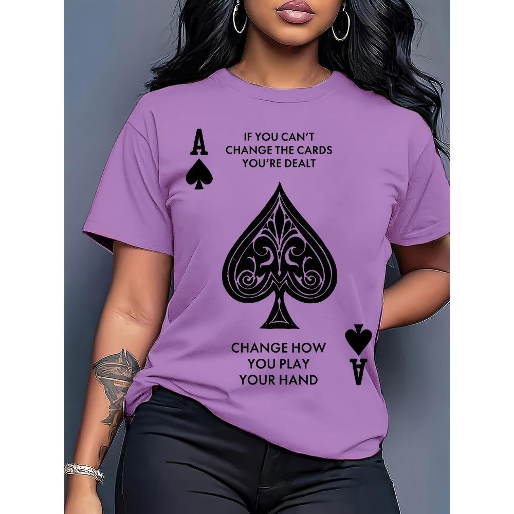 Plus Size Women's Ace of Spades Graphic T-Shirt - Casual Short Sleeve Crew Neck Top