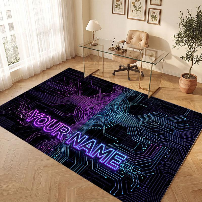 City Cyberpunk Theme Crystal Velvet Floor Rug Personalized Custom Name Text Warm Carpet Home Decoration