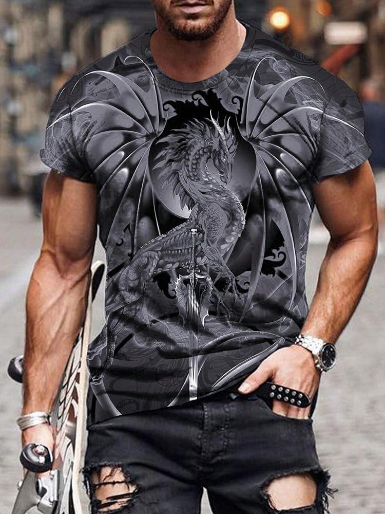 New Summer Daily Casual Men's Tops Street Fashion Dragon And Skull Printed Men's T-shirt Outdoor Sports Light Mens Tee