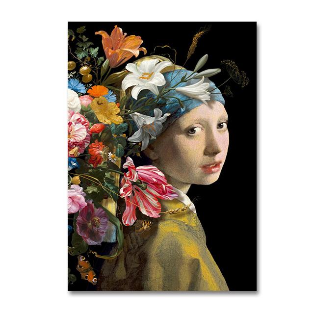 Famous Portrait Mona Lisa, The Girl with Pearls Flowers Oil Painting Prints On Canvas Vintage Mural Poster Cuadros Wall Art