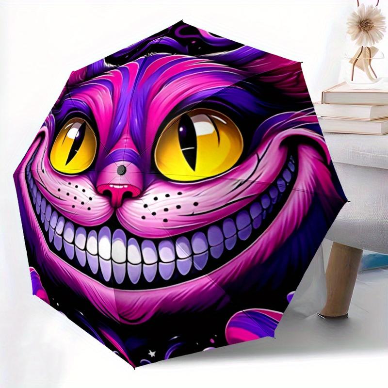 1 stk. Cheshire Cat Fantasy Automatisk Åben/Lukke Foldbar Kompakt Paraply, 8 Stærke Ribber, Letvægt Bærbar, Til Hverdagsbrug, Gave,,105