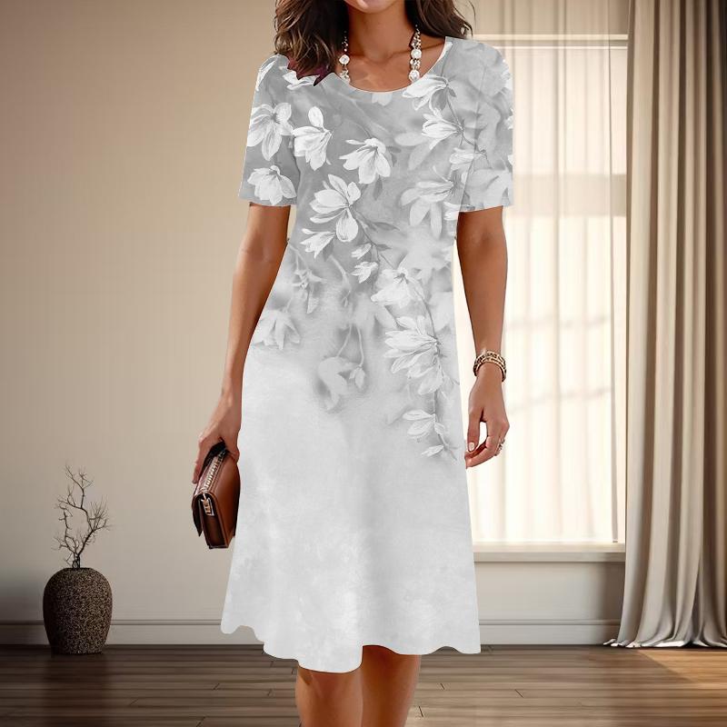 

Женская мода изящный цветочный принт лето весна короткий рукав О-образный вырез повседневные платья 2XL серый