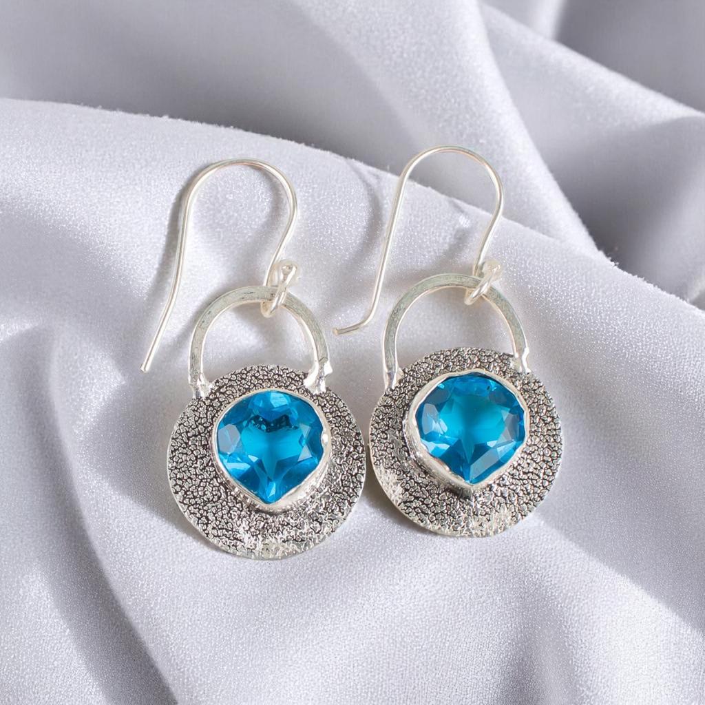 Swiss Blue Topaz Gemstone 925 Sterling Silver Jewelry Handmade Earrings 1.30" EE-63-11