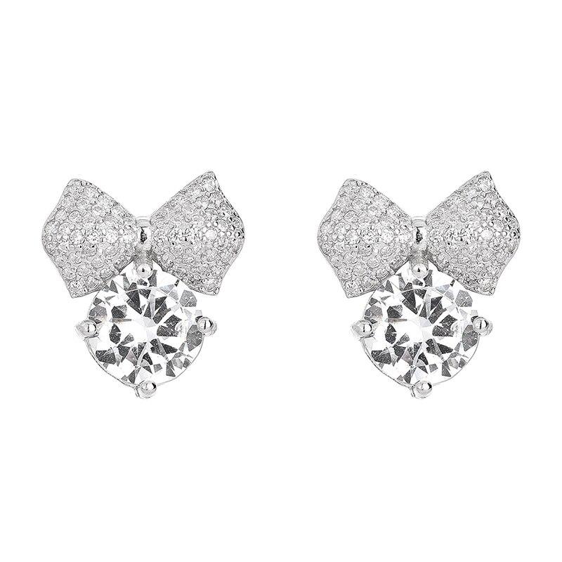 Selling Japanese ,Korean ,European American Personality Adorable Bow Zirconia Sterling Tone Earrings Trendy Stylish FemalePersonality