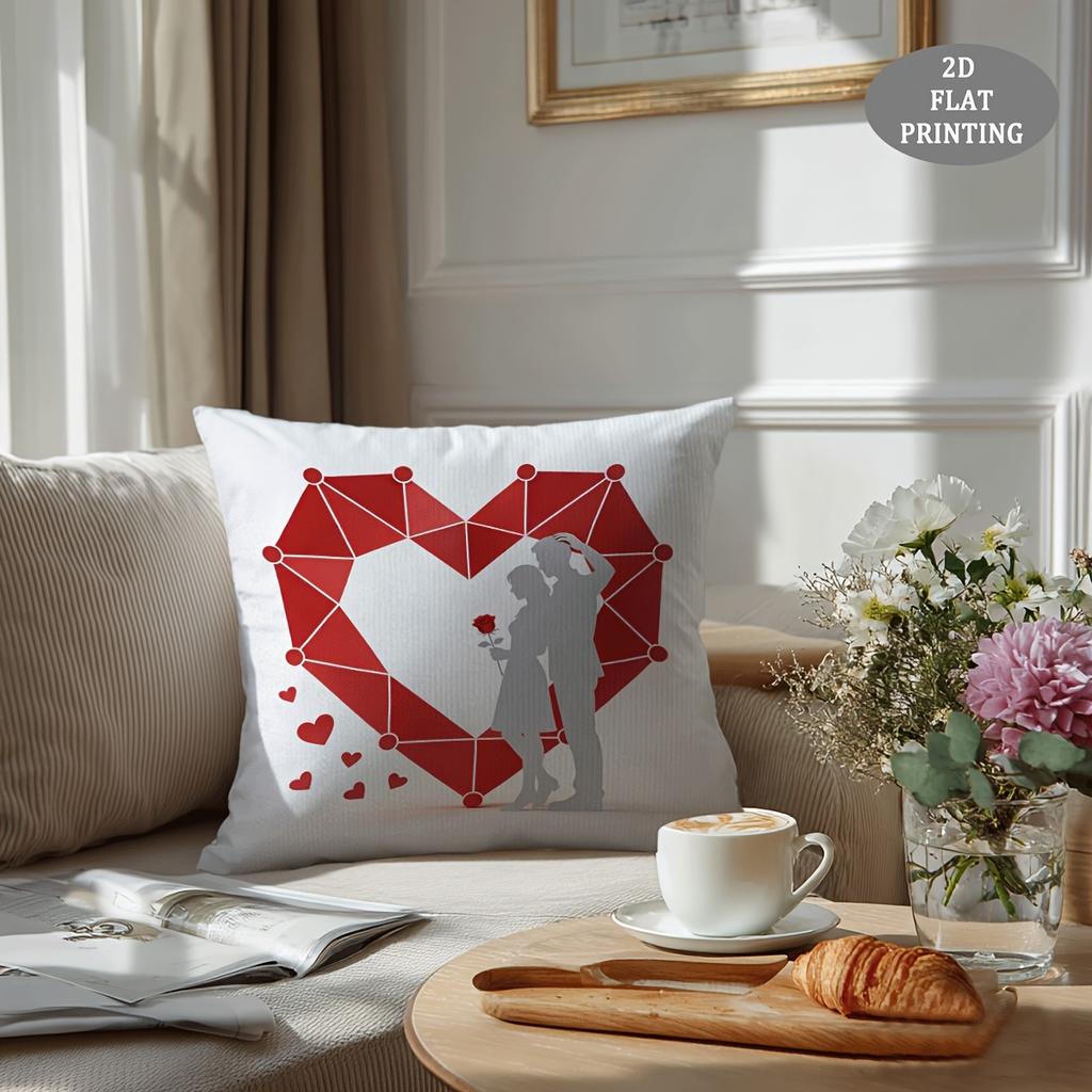 1pc Red Heart-Shaped Petal Pattern Plush Throw Pillow Cover | 2D Flat Printing, Single-Sided, 18x18 inch, Suitable for Sofa and Living Room Decor
