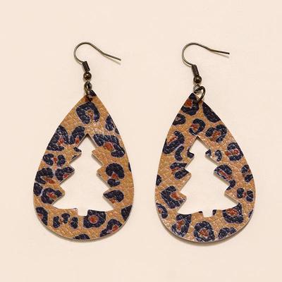 Leopard Print Hollow Christmas Tree Teardrop Leather Earrings: European/American Retro Style Personalized Design for Women