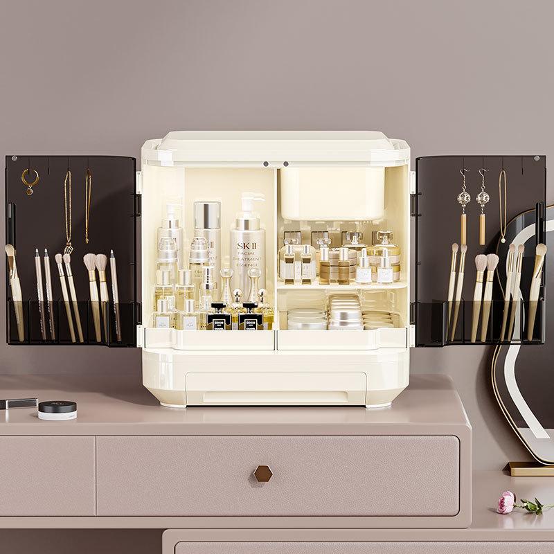 Large Capacity Organizer Box with Mirror Cosmetics Storage Box Bedroom Dressing Table Skincare  Jewelry Drawer Rings Storage Box