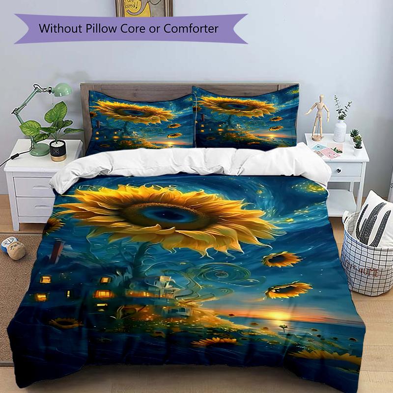 3pcs Sunflower Fantasy Bedding Set, Includes One Quilt Cover and Two Pillowcases (No Core), Festival Gift, Polyester Fabric, Anime Cartoon