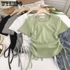 Markenmode Schlanke Sommeroberteile aus Baumwolle für Damen, Skinny-Nische mit Designgefühl, Rundhalsausschnitt, hohe Taille, Kordelzug, kurze T-Shirts