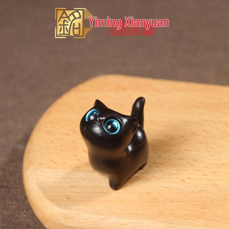 Ebony Wooden Kitten: Mini Curious Cat Figurine Ornament