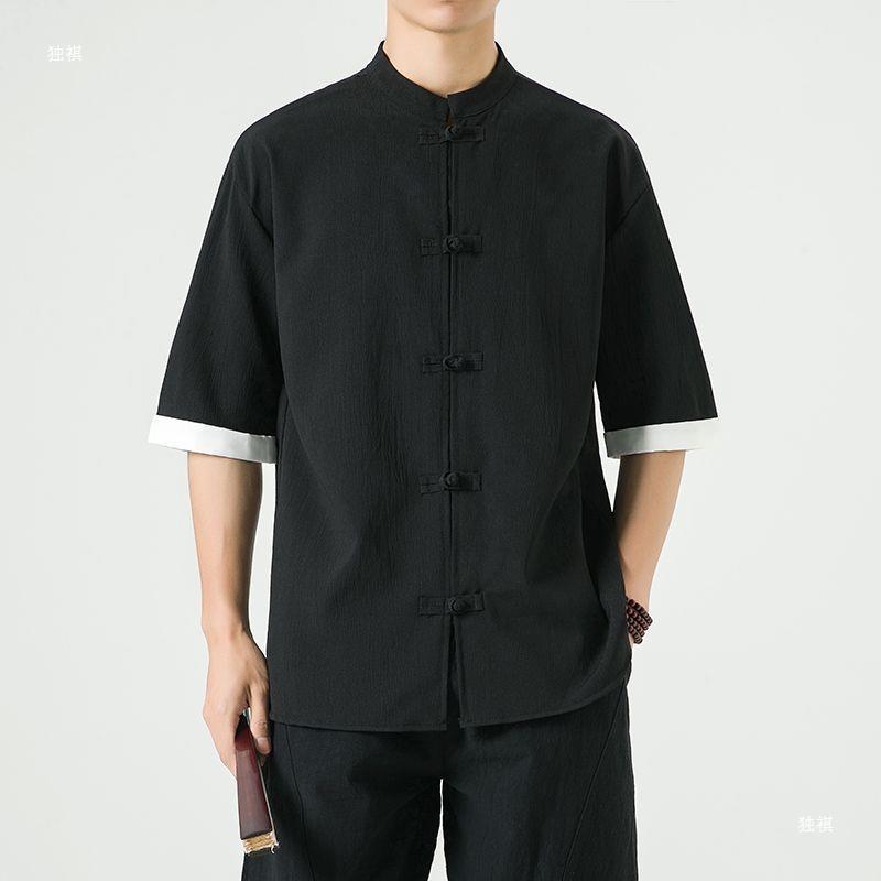 Chinese Style Tang Style Buttoned Linen Shirt, Chinese Style Seven Quarter Sleeved Cotton Linen Shirt, Ancient Costume Short Sleeved Men's Top