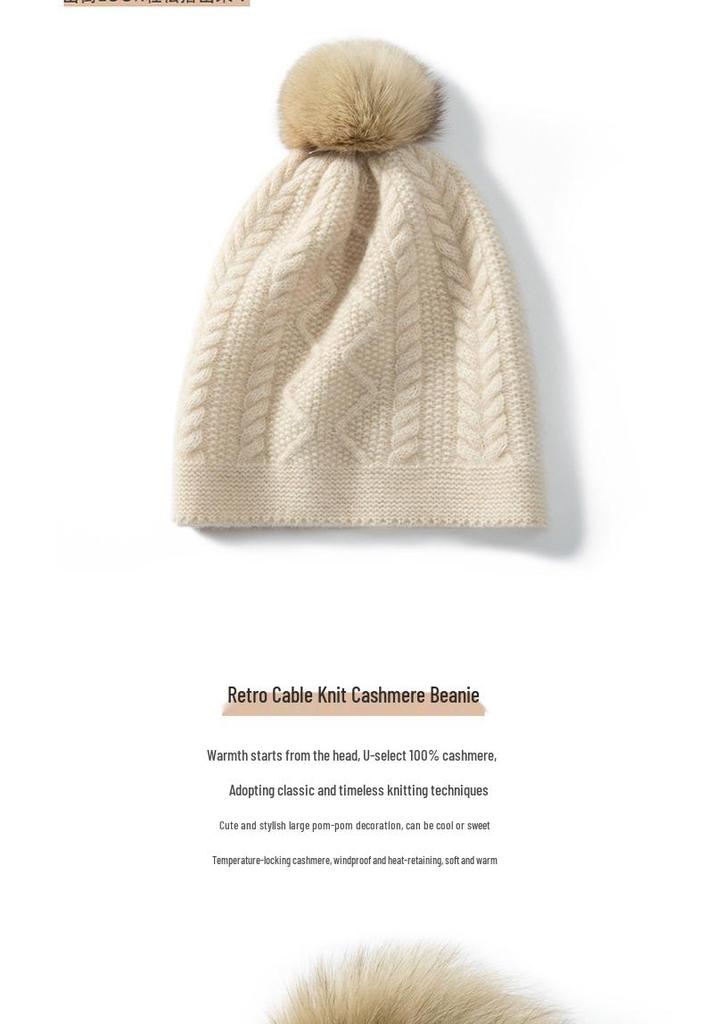 Women's 100% Pure Cashmere Pom-Pom Hat - Thick, Retro, Versatile Cable Knit with Ear Protection.