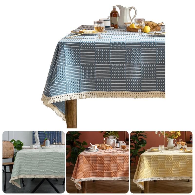 Fringed Table Cover Stains Resistant Polyester Linen Texture Tablecloth Decors For Kitchen Dining Room Decorations