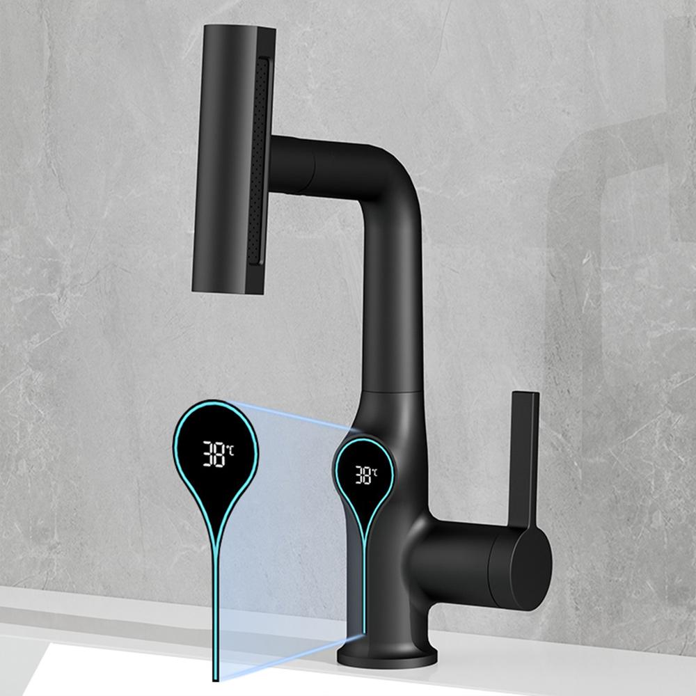 Waterfall Pull Out Kitchen Faucet Black Intelligent Digital Display Cold Hot Mixer Taps Rotatable Sink Lifting Basin Faucet