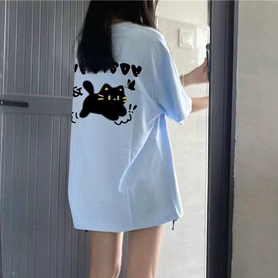 Reine Baumwoll-T-Shirts Damen Sommer niedlicher Cartoon-Druck Hip Hop Streetwear lässiges T-Shirt Weiblich Harajuku Oversized Kurzarm blau y2k Oberteile junges Mädchen